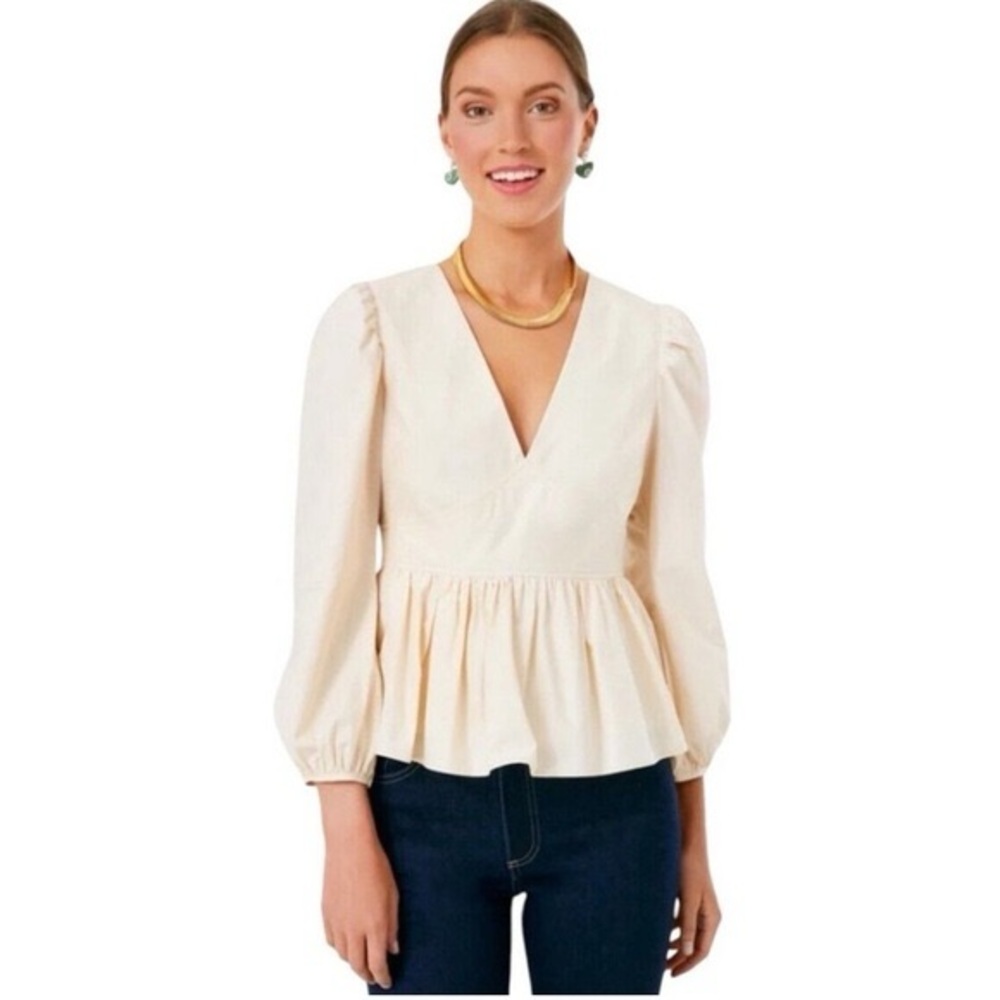 Cream Peplum Blouse with Puff Sleeves and Buttoned Detail